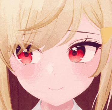 a close up of a anime girl with red eyes