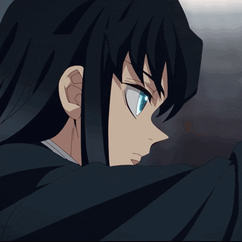 a close up of a anime character with blue eyes and black hair