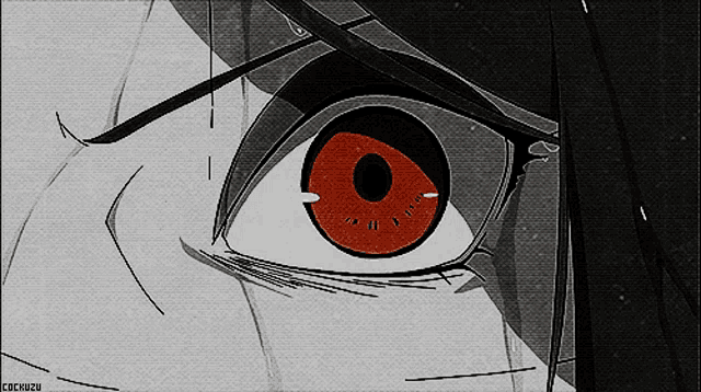 a black and white drawing of a person 's eye with a red pupil and the word cockuuzu written below it