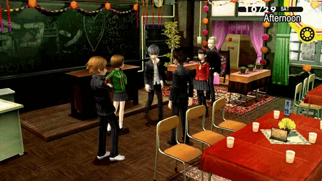 a group of people standing in a classroom with a clock that says 10:29 afternoon