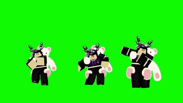 three roblox characters are standing next to each other and holding teddy bears on a green screen .