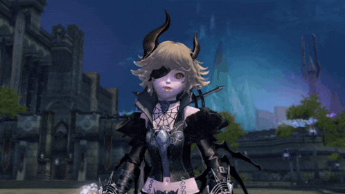 a girl with horns is holding a sword in front of her