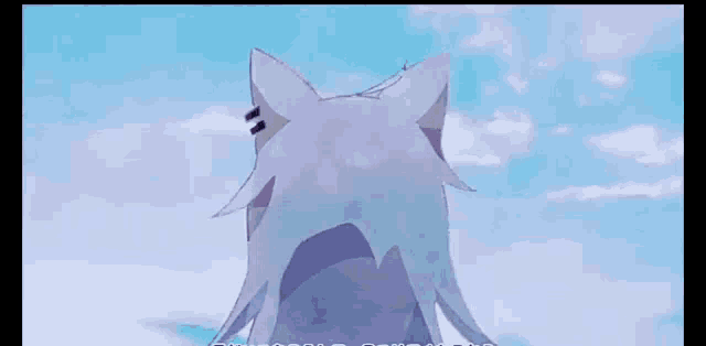 a cartoon girl with cat ears is standing in front of a blue sky .