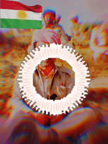 a picture of a man in a circle with a flag behind him