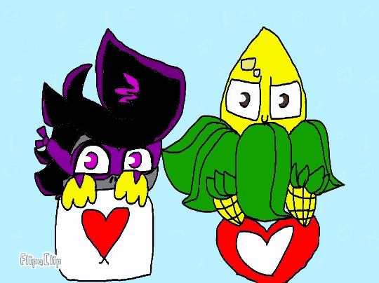 a cartoon of a cat and a corn on the cob with hearts in their mouths .