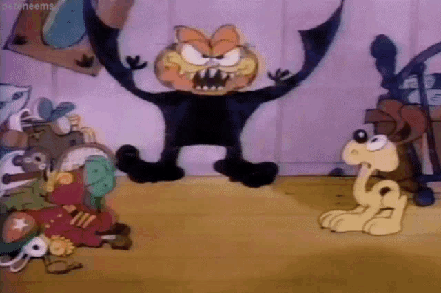 a cartoon of garfield with a bat costume standing next to a dog