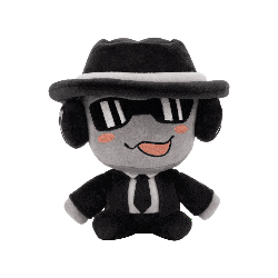 a stuffed animal wearing a black hat and a black shirt