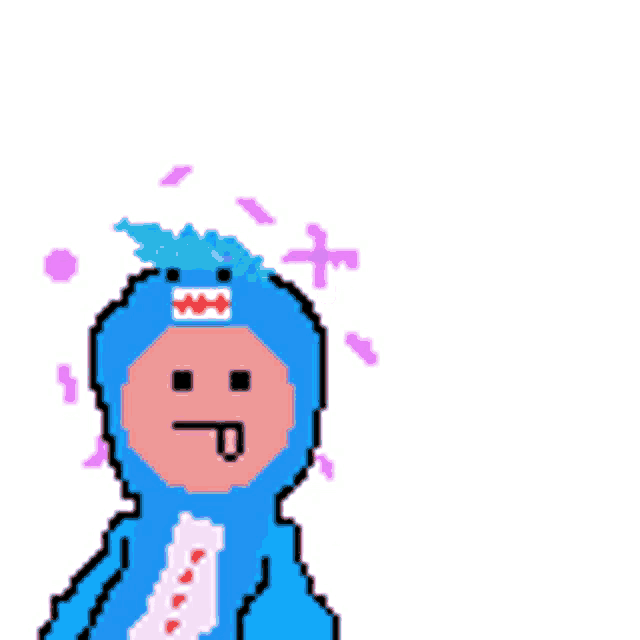 a pixel art drawing of a person in a blue shark costume