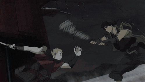 two men are fighting each other with swords in a dark room