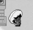 a black and white pixel art drawing of a man wearing a hat .