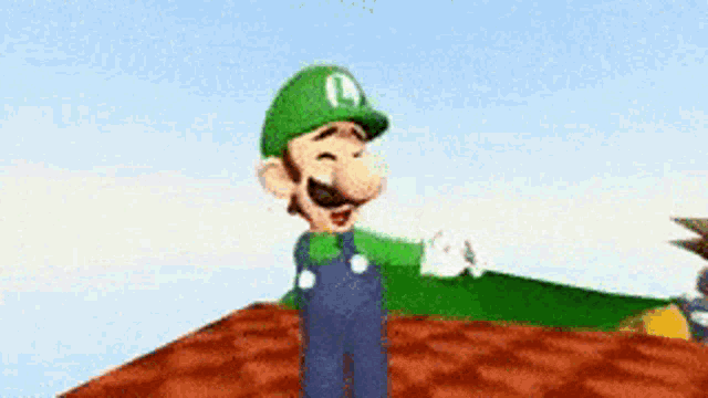 a close up of a cartoon character with a green hat and overalls laughing .