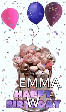 a birthday cake with balloons and confetti on it and the words `` emma happy birthday '' .