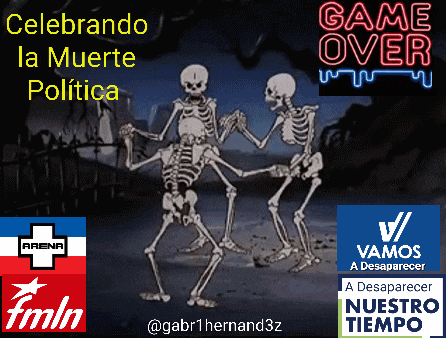 a cartoon of skeletons dancing with a neon sign that says " game over "