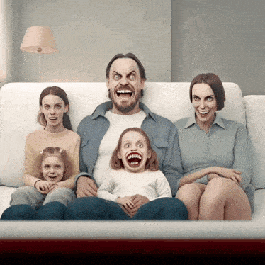 a family is sitting on a couch with their faces drawn on