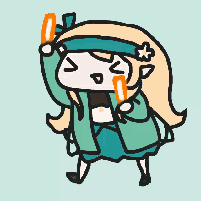 a cartoon drawing of a girl with a flower on her head holding an orange stick