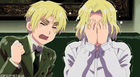 two anime characters covering their faces with their hands and one is screaming