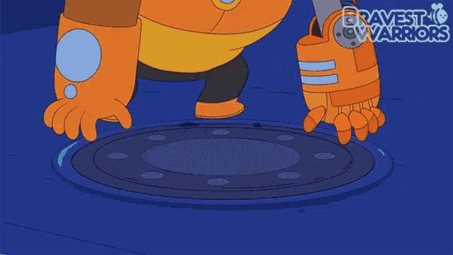 a cartoon character is opening a manhole cover with the words bravest warriors in the background