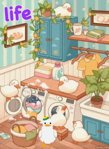 a cartoon illustration of a laundry room with ducks and the word life above it