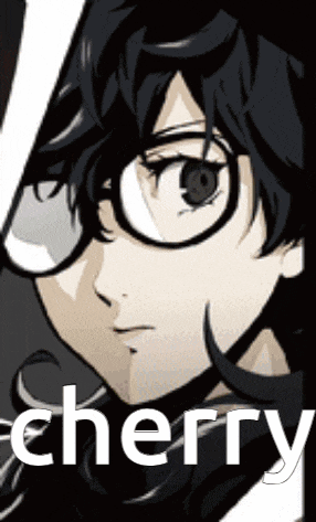 a close up of a person wearing glasses with the word cherry written below them