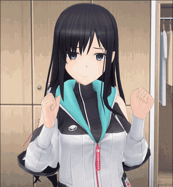 a girl with long black hair and a yashima jacket on