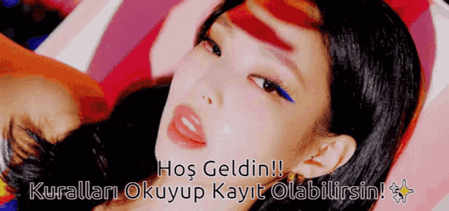 a close up of a woman 's face and the words hoş geldin