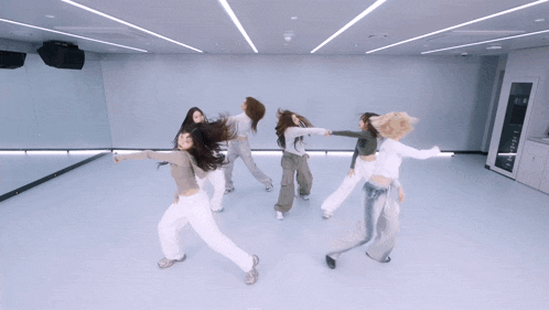 a group of women are dancing in a room with a mirror