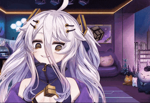 a girl with white hair and a purple shirt is smiling