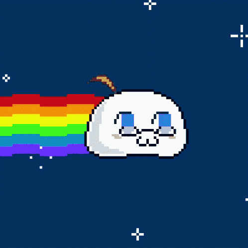 a pixel art of a cloud with glasses and a rainbow coming out of it