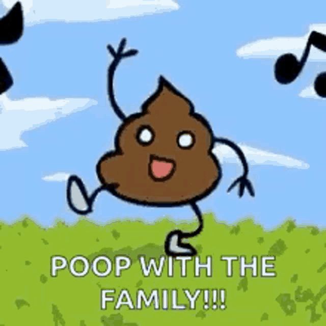 a cartoon of a poop dancing in a field with music notes .