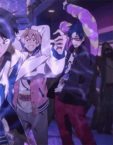 a group of anime characters are dancing and one of them is wearing a jacket that says ' wing ' on it