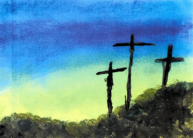 a painting of three crosses on a hill