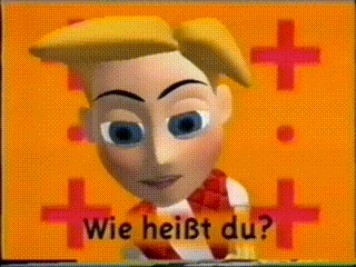 a cartoon character says " wie heißt du " in front of an orange background