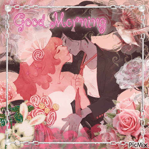 a picture of a bride and groom kissing with the words good morning on it