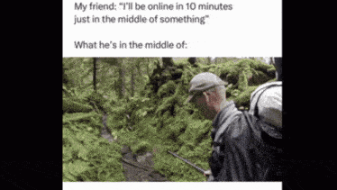 a man with a backpack is walking through a lush green forest