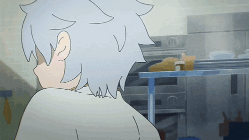 a drawing of a person with white hair and a white shirt