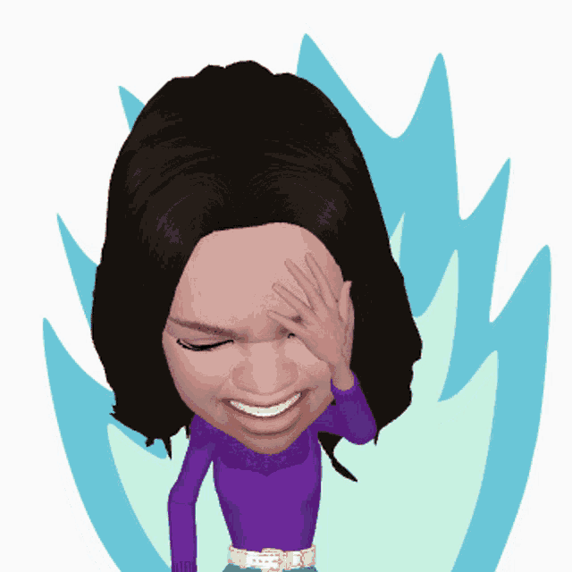 a cartoon of a woman in a purple shirt covering her face with her hand