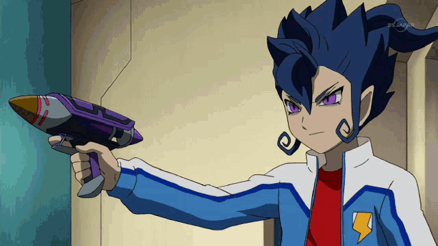 a cartoon character is holding a purple rocket in his hand with a tv channel showing in the background