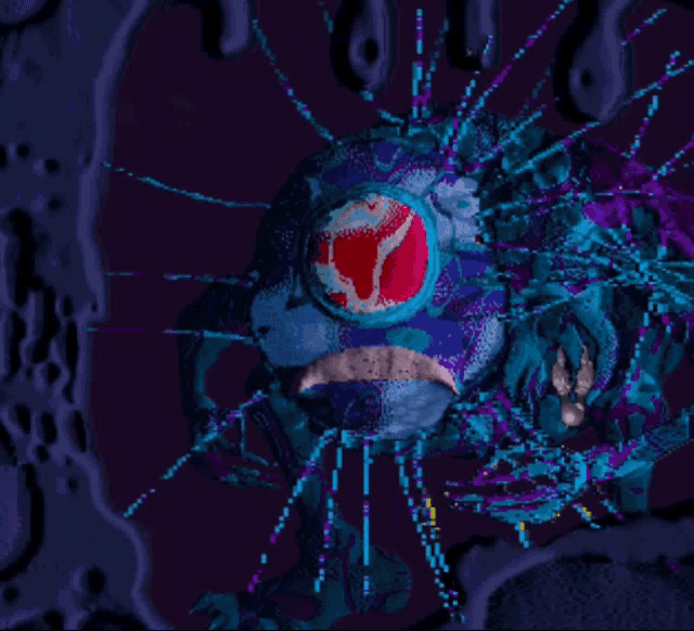 a computer generated image of a blue and purple monster with a purple eye