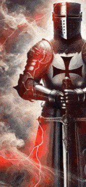 a knight with a cross on his helmet is holding a sword in his hands .