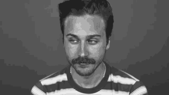 a man with a beard wearing a striped shirt looks at the camera