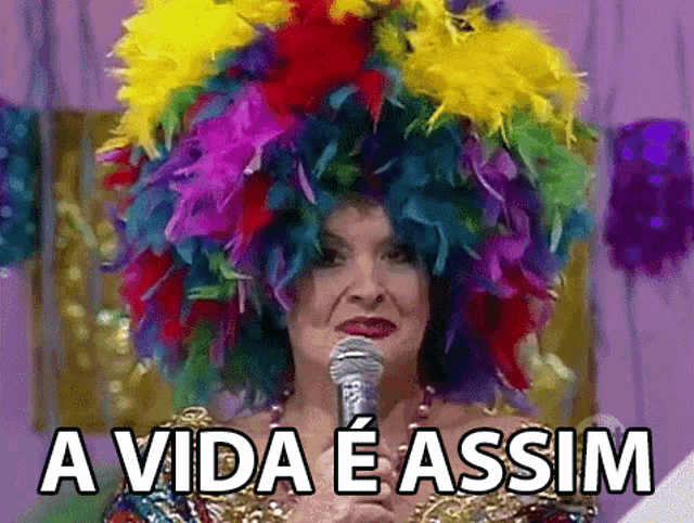 a woman wearing a colorful feathered wig is holding a microphone and saying a vida e assim .
