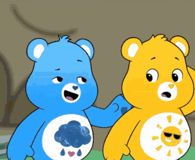 two care bears are standing next to each other one has a cloud on his chest