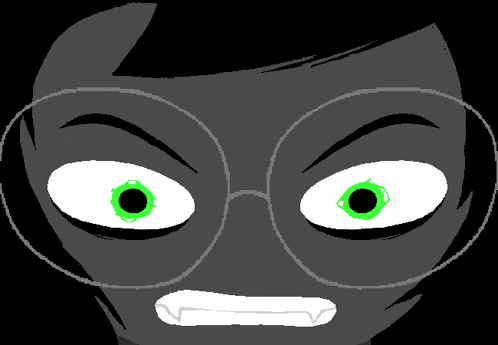 a cartoon character with green eyes and glasses