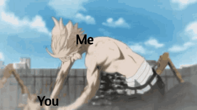 a man is crawling on the ground with the words me and you behind him