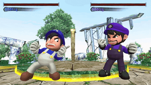 two cartoon characters named smg4 and smg3 are standing next to each other