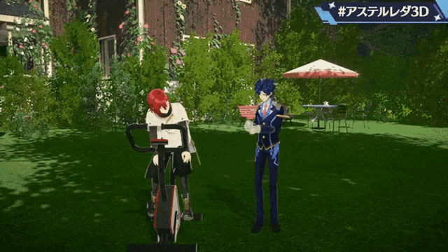 a man riding an exercise bike next to a man standing