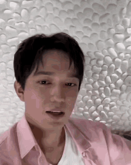 a young man wearing a pink shirt and a white shirt is sitting in front of a white stone wall .