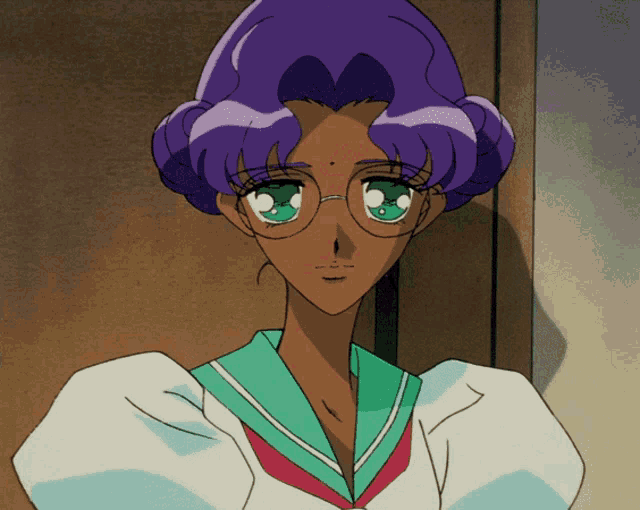 a cartoon character with purple hair and glasses
