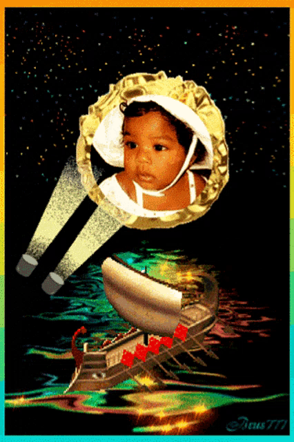 a painting of a baby in a space suit with the letters a and t on it