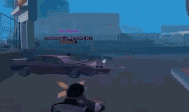 a man is holding a gun in front of a purple car in a video game with a purple car in the background